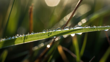 Fresh green drops on wet grass, reflecting beauty in nature generated by AI