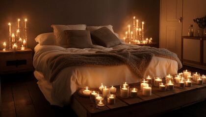 Luxury bed illuminated by candlelight creates cozy bedroom tranquility generated by AI