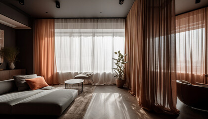 Modern luxury bedroom with comfortable bed, elegant decor, and window curtain generated by AI