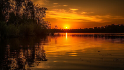 Obraz premium Tranquil scene of vibrant nature, reflecting beauty in sunset generated by AI