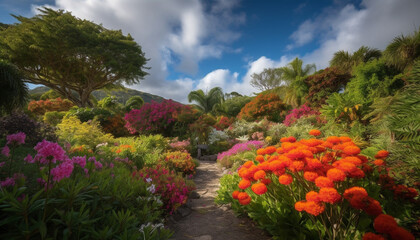 Tranquil meadow, multi colored tulip blossom, idyllic rural scene generated by AI