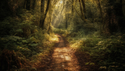Obraz premium A tranquil scene of a forest footpath in autumn generated by AI