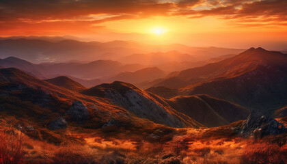 Fototapeta na wymiar Majestic mountain peak at dawn, tranquil meadow, extreme terrain adventure generated by AI