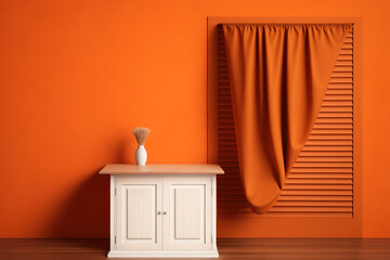 Close-up of wooden tabletop, cupboard, and shuttered panel. Herringbone curtain mockup. Orange wall interior design. Generative AI