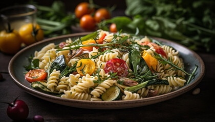 Fresh Italian pasta salad on rustic wooden plate for healthy lunch generated by AI