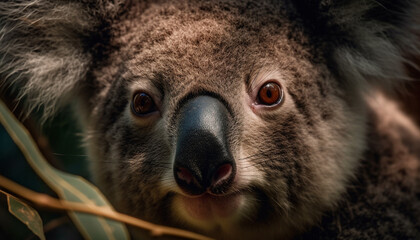 Fluffy marsupial koala staring at camera in eucalyptus tree generated by AI