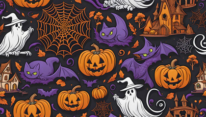 Halloween theme line art doodle cartoon pattern seamless illustration background, 