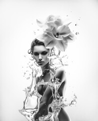 Abstract fashion idea. The young woman is in a dream, surrounded by water floating in space. A large flower on the woman's head. Gray artistic concept. Contrasts, light and dark.