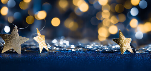 Magic blue holiday abstract glitter background with blinking stars. Blurred bokeh of Christmas lights. Happy New Year and Merry Christmas banner. festive backdrop - obrazy, fototapety, plakaty