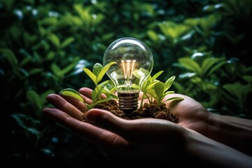 A powerful image where a hand firmly grasps a glowing light bulb on a bed of verdant green leaves, surrounded by sustainable energy sources,