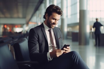 Airport Terminal Flight Wait: Smiling Businessman Uses Smartphone for e-Business, Browsing Internet with an App. Traveling Entrepreneur Work Online on Mobile Phone in Boarding