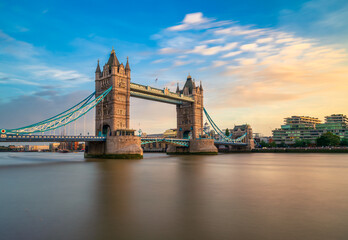 London Tower Bridge and Thames river viewed at sunset hour in London, England