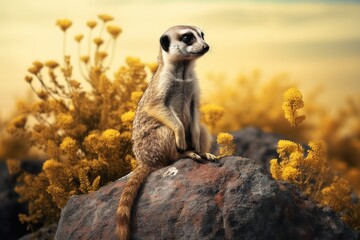 a meerkat sitting on top of a large rock, in the style of illusory images, 