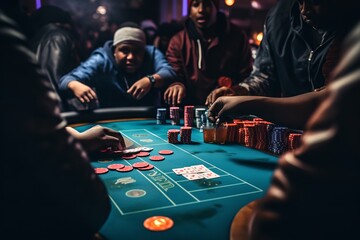 an image of a gambling table with a group of players, in the style of spontaneous gesture, realistic details, selective focus, light indigo and dark gray, 