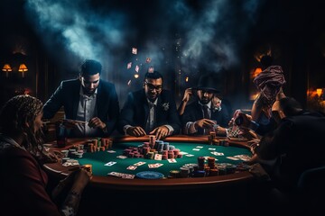 Fototapeta na wymiar an image of a gambling table with a group of players, in the style of spontaneous gesture, realistic details, selective focus, light indigo and dark gray, 