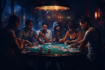 Fototapeta na wymiar an image of a gambling table with a group of players, in the style of spontaneous gesture, realistic details, selective focus, light indigo and dark gray, 