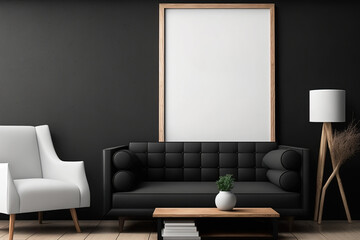 Illustration of a blank interior poster mock-up with a wooden frame in a living room with a wooden couch, a coffee table with a vase and books, and an armchair. Generative AI