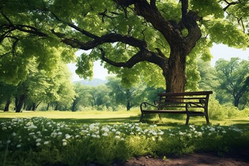 Bench under a tree in a park , green nature around  - Powered by Adobe