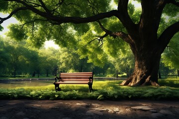Bench under a tree in a park , green nature around 