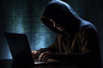 Black hat hacker in hood using laptop computer - obrazy, fototapety, plakaty