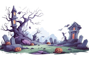 Cartoon horror scary halloween graveyard isolated on a white background