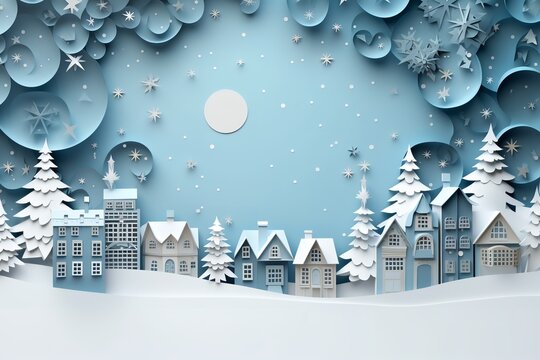 christmas paper cut with houses, in the style of dark white and sky-blue, minimalist backgrounds