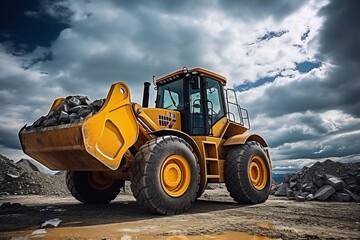 Powerful wheel loader or bulldozer isolated on sky background. Loader pours crushed stone or gravel from the bucket. Powerful modern equipment for earthworks and bulk handling - obrazy, fototapety, plakaty