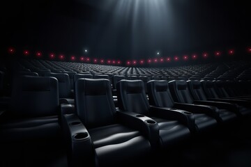 Rows of black seats watching movies in the cinema with copy space banner background. Entertainment and Theater concept. 3D illustration rendering - obrazy, fototapety, plakaty