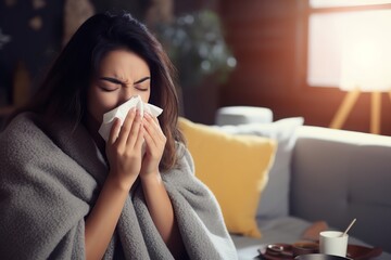 Sick Asian woman using a tissue to sneeze and blowing her nose in winter at home.  - obrazy, fototapety, plakaty