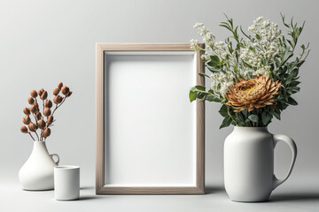 Ceramic vase and wooden photo frame mockup on white table with copy space. Generative AI