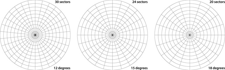 Polar grid divided into radial degree 30, 24 or 20 sectors and concentric circles. Angle radial radar sonar screen.