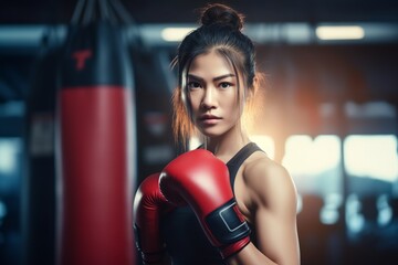 Strong Asian athletic woman in sportswear wearing boxing gloves do workout exercise punching boxing bag at fitness gym. Healthy fit and firm female do sport training and bodybuilding at sport club - obrazy, fototapety, plakaty