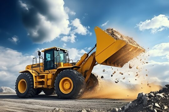 Powerful wheel loader or bulldozer isolated on sky background. Loader pours crushed stone or gravel from the bucket. Powerful modern equipment for earthworks and bulk handling