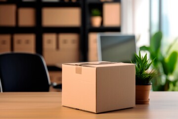 Cardboard box with things on the table in the office. Office moving concept