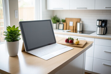 Blank tablet with magic keyboard on wooden kitchen table. Generative AI