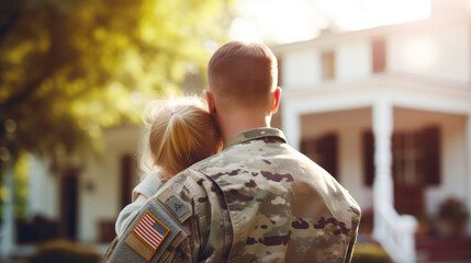 An American veteran soldier in uniform hugs his little daughter touchingly and tightly while standing in front of their house. Emotional military happy homecoming concept. sunny day