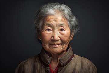 Korean older woman, grandmother. Positive single senior retired Concept. asian tradition. dark style - obrazy, fototapety, plakaty