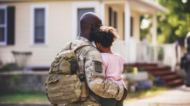 African american veteran soldier in uniform hugs his little daughter touchingly and tightly while standing in front of their house. Emotional military happy homecoming concept. sunny day. copy space