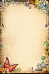 vintage antique old frame with flowers and butterfly - generative AI