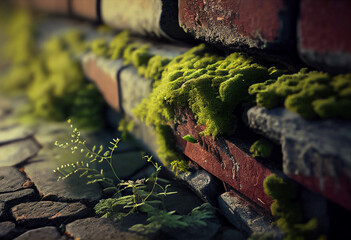 Close-up of a brick wall with moss. High quality illustration - obrazy, fototapety, plakaty