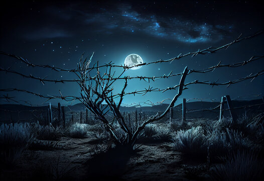 barbed wire fence on a moonlit night with the stars. High quality illustration