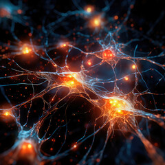 Illustration of a human nerve cell on a dark blue background with light effects. The nerve cell interacts by means of a light pulse. Generative AI