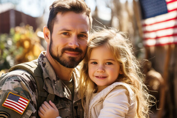 Obraz premium Emotional military homecoming. Portrait of a happy male soldier hugging his daughter after returning home from the army. American military servicemen reuniting with family after serving