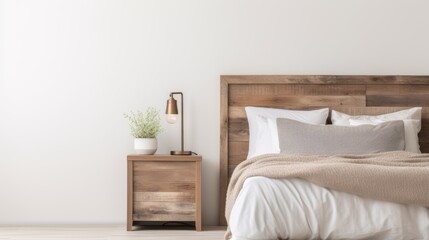 Modern bedroom, bedside table with lamp and plant on it, wooden bed elements, pillows and blanket
