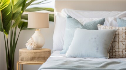 Modern cozy bedroom, close-up of blue and white pillows, blurred plant in background 