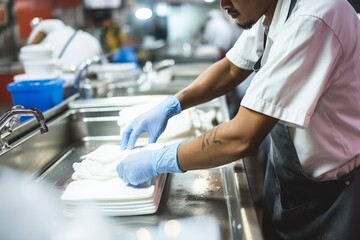 Close-up of Male Dishwasher Washing a Dish in a Modern Restaurant Kitchen. handyman concept - obrazy, fototapety, plakaty
