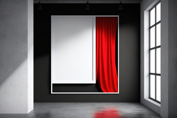A white mock-up poster on a black wall is in a modern, empty room with a red curtain and concrete floor. Generative AI