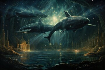 Fototapeta premium Luminous star whales, swimming among constellations in the vastness of space - Generative AI