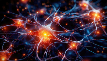 Illustration of a human nerve cell on a dark blue background with light effects. The nerve cell interacts by means of a light pulse. Generative AI