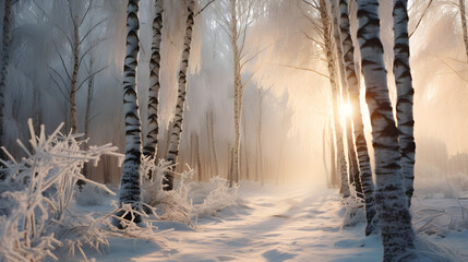 Majestic Morning Glow on Frozen Birch Forest